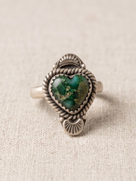 Jewelry - Sterling Silver Green Sanoran Gold Turquoise Adjustable  Heart Ring